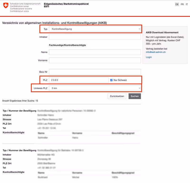 Webseite des Eidgenössischen Starkstrominspektorats mit Formularfeldern und Suchergebnissen für Installations- und Kontrollbewilligungen.